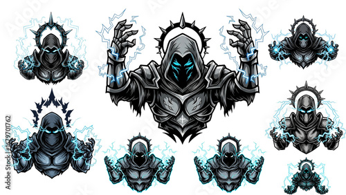 Cyber Ninja Esports Mascot Logo Vector, Hooded Arms Crossed with Dagger, Cyan Visor, Hexagon Shield, Blue Flames