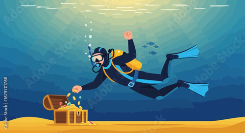 Diver discovering treasure in the deep ocean exploration with coins and an open chest underwater