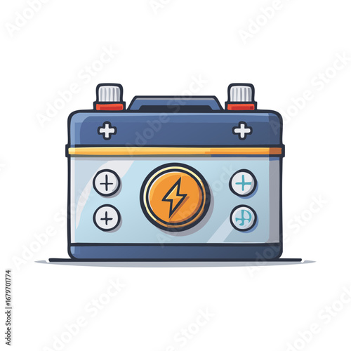 Cartoon Car Battery with Lightning Bolt Symbol and Terminal Posts