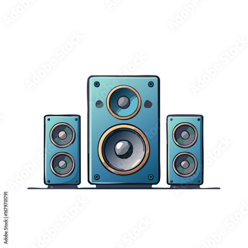 Stylized illustration of a blue home audio speaker system with subwoofer
