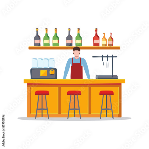 Bartender Standing Behind Bar with Wine Bottles and Stools Illustration for Bar Service