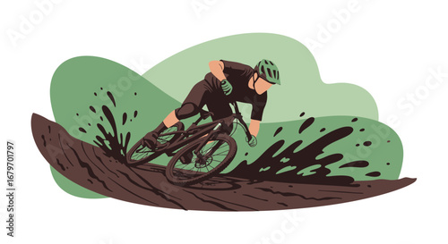 Cyclist Downhill Racing On Muddy Terrain With Extreme Speed and Determination