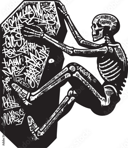 Illustration of a skeleton climbing a rock face covered in graffiti, a black and white design