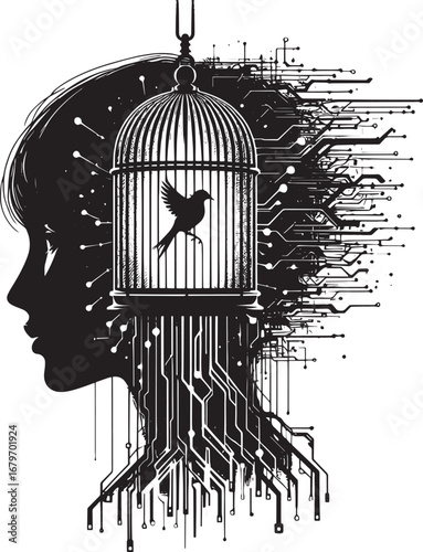 Illustration of a human head with a bird in a cage, representing mental freedom and technology