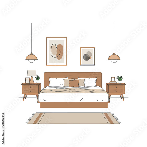 Elegant bedroom interior with modern furniture and decor in a luxury hotel