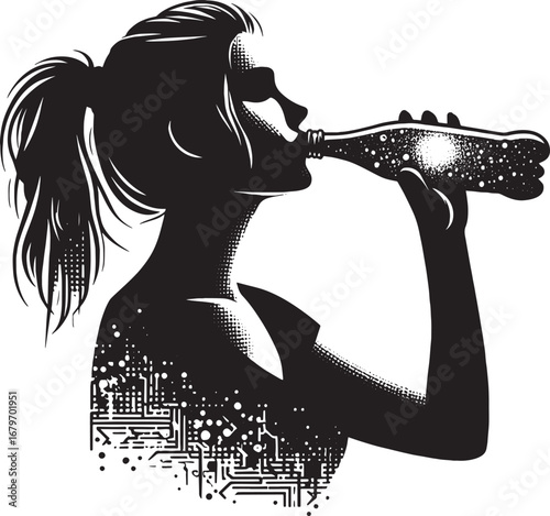 Silhouette of a Woman Drinking from a Bottle with Digital Circuitry Overlay Design