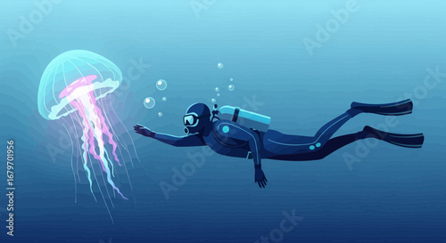 Diver Encountering A Luminous Jellyfish In The Deep Ocean And Its Underwater Adventures