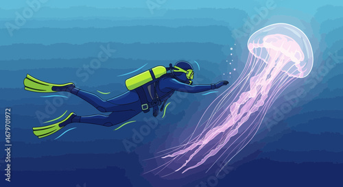 Diver Encountering a Jellyfish Underwater a Beautiful Illustration of Ocean Life