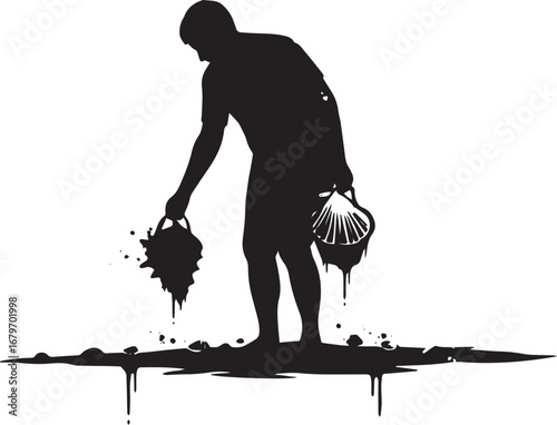 Monochromatic silhouette of a man collecting marine resources in