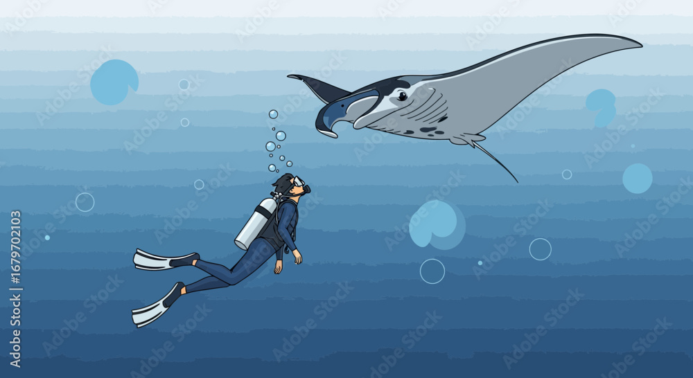 Fototapeta premium Diver Encountering Enormous Manta Ray Underwater With Bubbles in Blue Depths