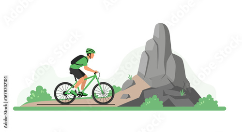 Cyclist Enjoying Mountain Biking Adventure on Forest Trail Beside Towering Rocky Outcrop