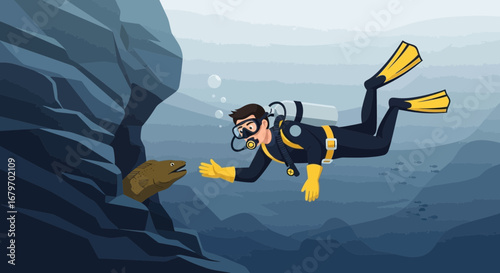 Diver encountering an eel underwater in the ocean exploring the marine life environment