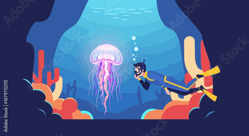 Diver Encountering Majestic Jellyfish In A Mysterious Underwater Realm Illustration