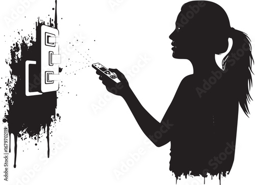Silhouette of woman with remote controlling automated switches a
