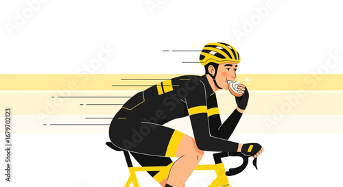 Cyclist Enjoying Snack While Cycling Depicting Speed And Athletic Activity