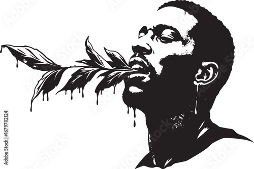 Monochrome portrayal of an individual with foliage, a striking v