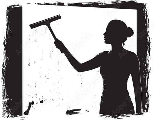 Silhouette of a woman cleaning glass with a squeegee, creating a