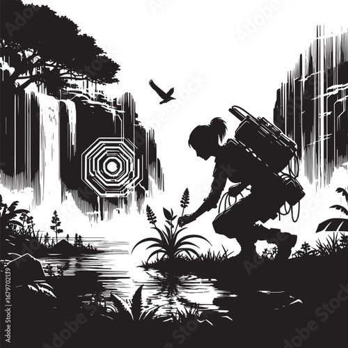 Illustration of a female explorer in a scenic natural landscape with waterfall and plants