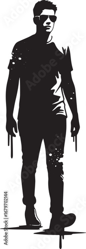 Stylized silhouette of a confident man walking forward with expr