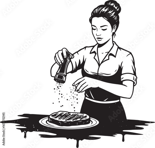 Monochrome illustration of a woman seasoning steak with salt and