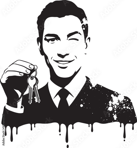 Monochrome artwork of a winking man holding keys with dripping p