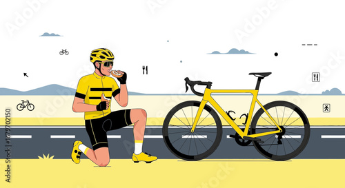 Cyclist Enjoying Snack And Posing Next To His Bright Yellow Racing Bike On the Road