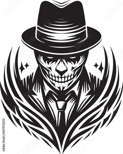 Intricate black and white illustration of a skull wearing a fedora and suit, artistic design