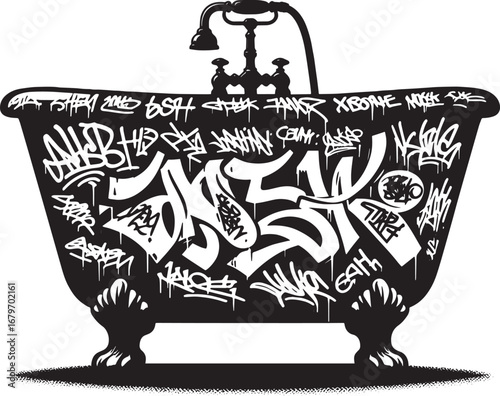 Graffiti art on a vintage bathtub, black and white illustration and modern urban design