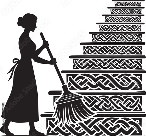 Silhouette of a woman sweeping decorative stairs, cleaning, domestic work, home maintenance