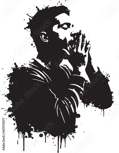 Monochrome emotional expression art, man with hands clasped near