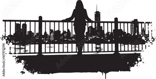 Silhouette of a woman contemplating a city skyline from a balcon