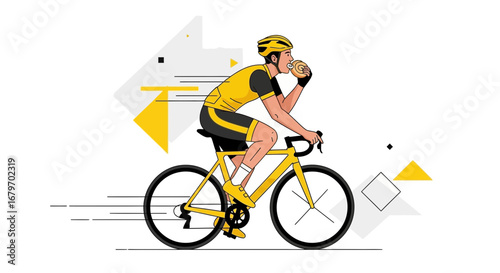 Cyclist Fueling Up: A Yellow Clad Rider Eating While Riding Bicycle Against Abstract Background