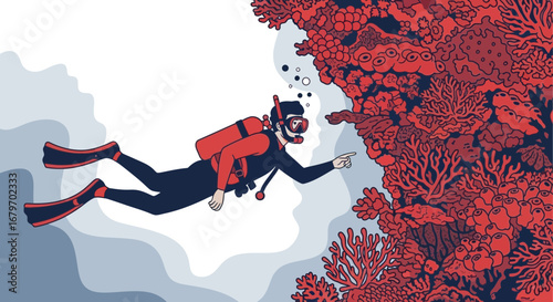Diver Explorers Marine Life And Coral Reef Ecosystems Underwater Illustration