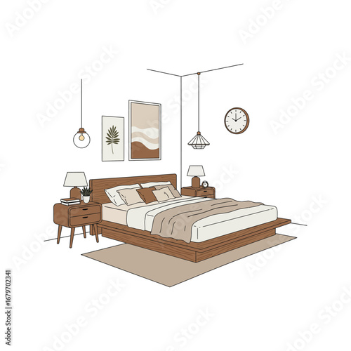 Stylish bedroom interior design with modern home furniture and decorative elements