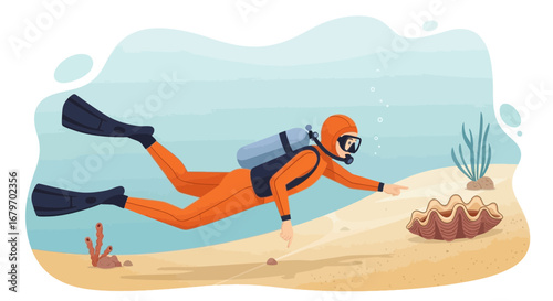 Diver Explores Marine Life In The Abyss, Observing The Underwater World, Swimming