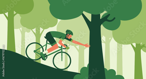 Cyclist Grips Tree While Riding Bicycle in Lush Green Forest Environment