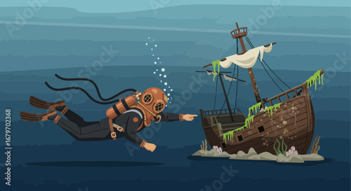 Diver Explores Sunken Shipwreck, Underwater Exploration, Marine Life, Sea Adventure Illustration