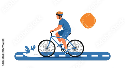 Cyclist In Motion Enjoying Recreation Along Designated Path With Sunny Weather Illustrations