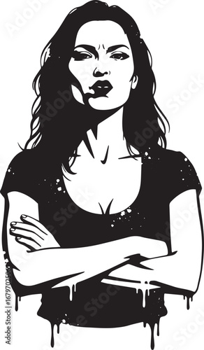 Stylized monochrome illustration of a confident woman with arms