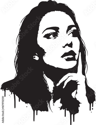 Monochrome portrait of a thoughtful woman with finger on chin an