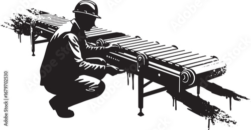 Industrial worker inspecting conveyor belt in monochrome abstrac