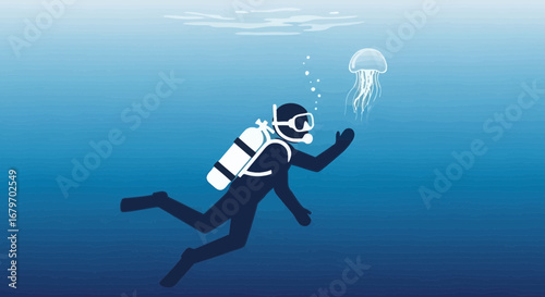 Diver Exploring Deep Blue Ocean Depths With A Curious Jellyfish Encountering Its Beauty