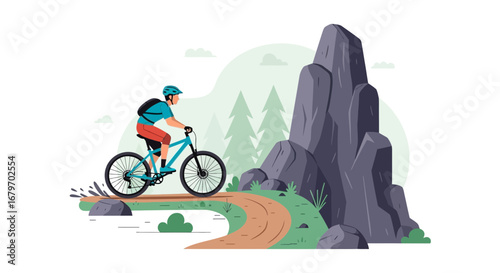 Cyclist Navigating Rocky Terrain On Mountain Bike Amidst Natural Landscape