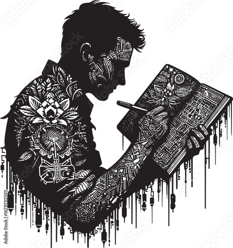 Intricate Silhouette of a Person Engrossed in Writing, Artistic Illustration, Creative Design