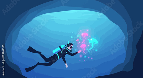 Diver Exploring Deep Sea Cave Interacting With Bioluminescent Jellyfish Creatures Underwater