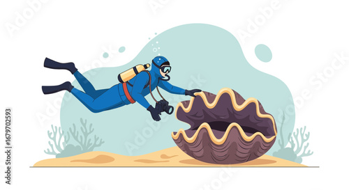 Diver exploring giant clam underwater ocean sea adventure discovery vector illustration