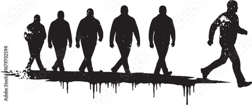 Silhouetted figures walking with dynamic splatter effect against