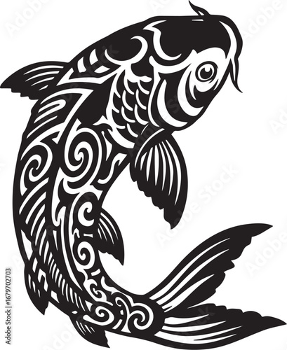Elegant Koi Fish Illustration with Intricate Tribal Tattoo Desig