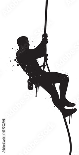 Dynamic silhouette of a man climbing a rope with artistic splatt