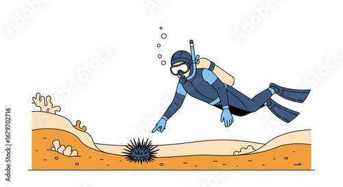 Diver Exploring Marine Life, Pointing At Sea Urchin Underwater In Blue And Orange Tones